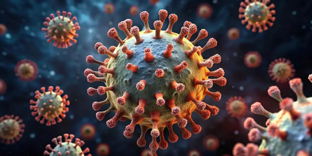 Close-up microscopic illustration of a virus particle with a spherical core surrounded by red spike proteins protruding outward, floating among other similar virus particles in a blue-toned background, representing viral structures and infectious disease.
