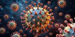 Close-up microscopic illustration of a virus particle with a spherical core surrounded by red spike proteins protruding outward, floating among other similar virus particles in a blue-toned background, representing viral structures and infectious disease.