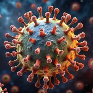 Close-up microscopic illustration of a virus particle with a spherical core surrounded by red spike proteins protruding outward, floating among other similar virus particles in a blue-toned background, representing viral structures and infectious disease.