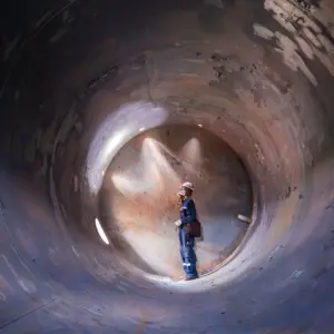 Construction worker in protective gear and hard hat standing inside a large cylindrical concrete pipe, inspecting the confined space during a construction project.