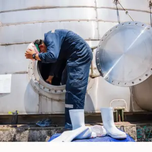 A worker in blue coveralls and safety glasses bends forward to inspect the interior of a large industrial storage tank, with the circular hatch door open beside them and protective equipment visible at ground level.