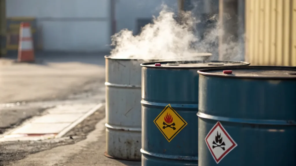 Industrial drums with hazardous material warning labels emitting smoke on a construction site, with traffic cones and buildings visible in the background.