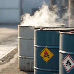 Industrial drums with hazardous material warning labels emitting smoke on a construction site, with traffic cones and buildings visible in the background.