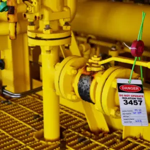 Bright yellow industrial pipeline and valve equipment with a red and white danger tag labeled "DO NOT OPERATE ISOLATION TAG 3457" attached with a green wire lock, indicating equipment under lockout-tagout safety protocol.