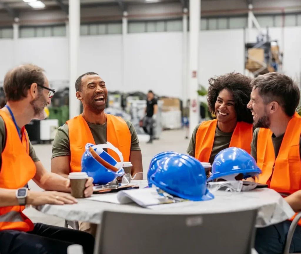 Four smiling workers wearing orange safety vests and hard hats sit around a table in a warehouse or industrial facility, engaged in conversation and appearing to share a lighthearted moment together.